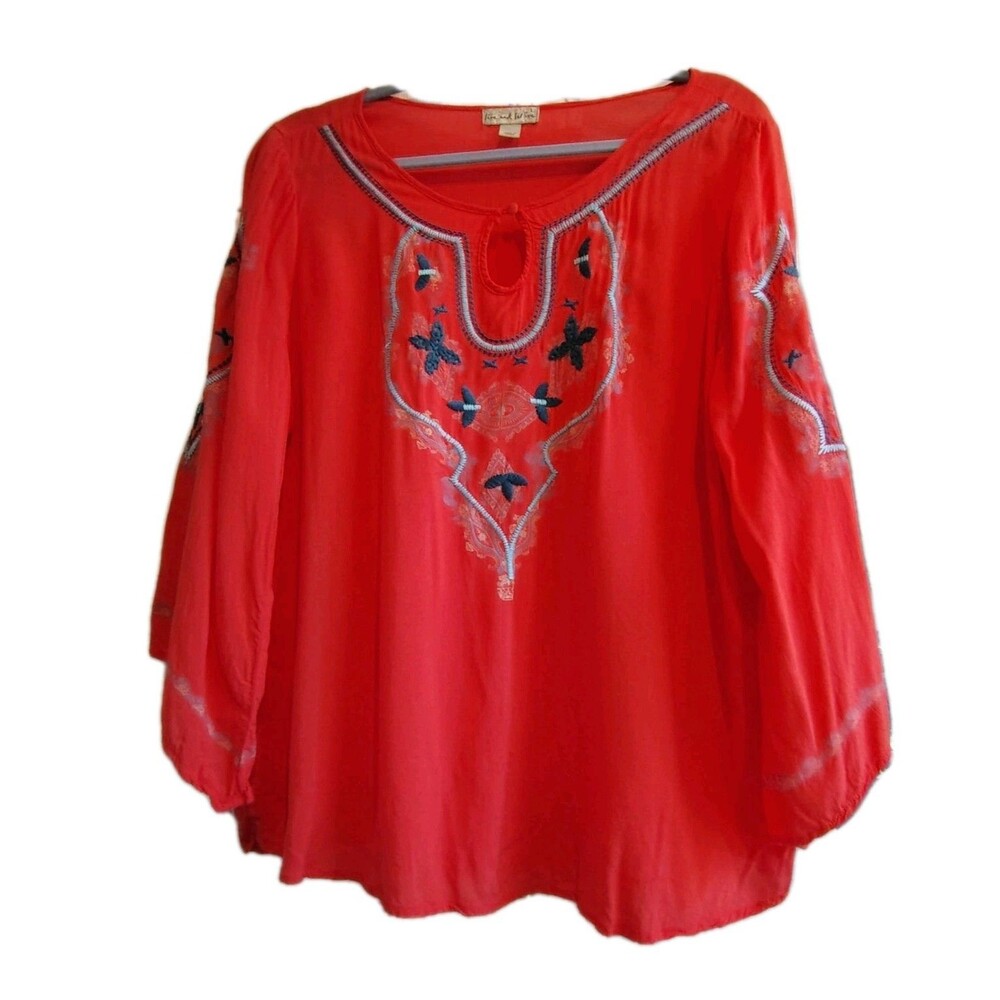 Live And Let Live Embroidered Boho Peasant Blouse Orange Red Size L